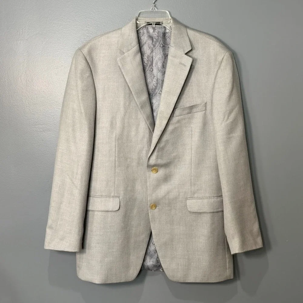 Chaps Blazer Men 42L Tan Linen Blend Sport Coat Classic Two Button Formal Preppy